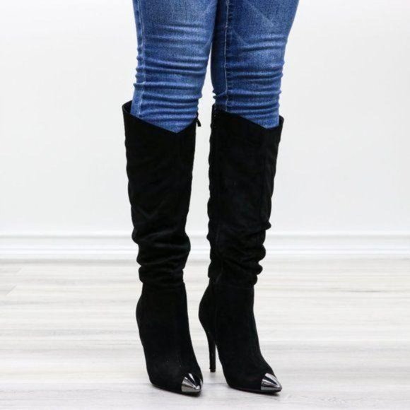 Pointy Toe Below The Knee Black Boots Faux Suede - Picture 4 of 16